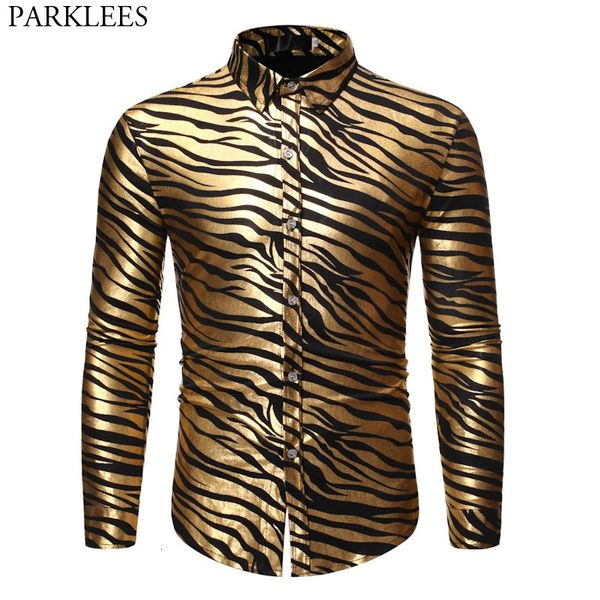 Mens 70S Metallic Gold Zebra Tint Disco Disco Shrand Fit Slim Sleim Slewe Long Dress Shirts Party PROM Stage Chemise 240403