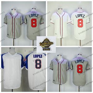 Mens 8 Javier Lopez Baseball Jerseys Vintage 1995 WS Blanc Gris Bleu Marine Blanc Chemises Cousues