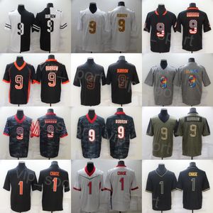 Heren 9 Joe Burrow voetbalshirt 1 Jamarr Chase Salute to Service Hennepgrijs Drift Rainbow Leopard Grain USMC Goddess Afbreking Schaduwvlag Borduursel Sale