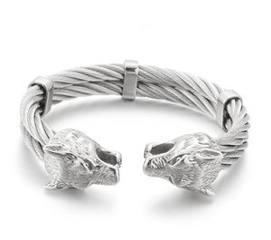 Bracelet réglable en acier inoxydable pour hommes, manchette à câble torsadé, avec extrémité de tête de loup de motard Vintage, 86g intérieur 12mm 65mm