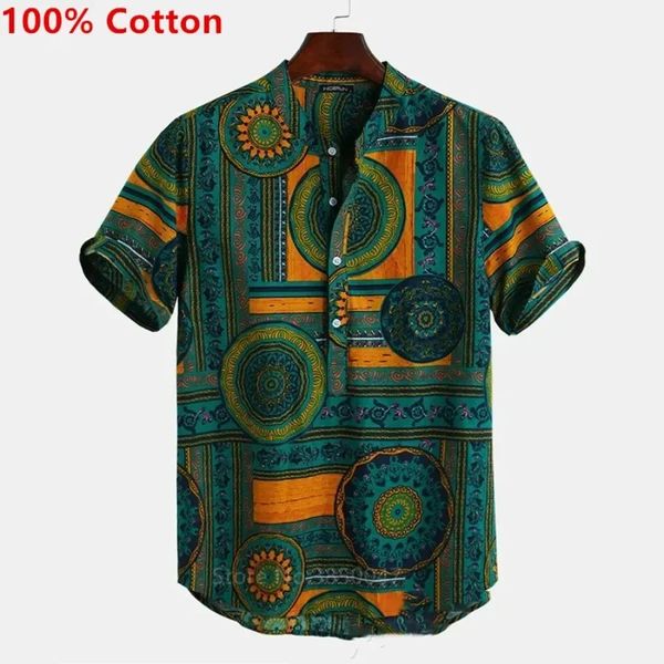 Mens African Clothes dashiki imprimer l'été 100% coton chemises de coton mâle Hip Hop ethnique à manches courtes à manches courtes pour hommes 240412