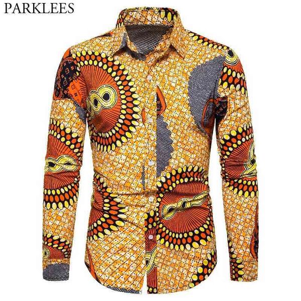 Mens African Print Robe Chemise Causal Button Down Dashiki Chemise à manches longues Hommes Riche African Tribal Vêtements Chemise Homme 3XL 210522