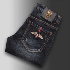 Mens Ajazjames Slim Fit High End Beed Broidery Micro Elastic épais Small Small Straight Jeans 636