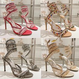 Rene Caovilla Crystal kroonluchter sandalen met hoge hakken Dames Fairy Style Luxury Diamond Serpentine Wrap Roman High Heels 10cm DesignB8I5#