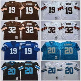 NCAA Football 32 Jim Brown 19 Maillots Bernie Kosar 19 Maillot Johnny Unitas 20 Barry Sanders Boomer Esiason Anthony Munoz Homme Vintage Blanc Bleu Tous cousus