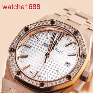 Mentille AP Wrist Watch 77351or Disque blanc Disque extérieur Diamond 18K Rose Gold Royal Oak Womens 34 mm Rose Gold