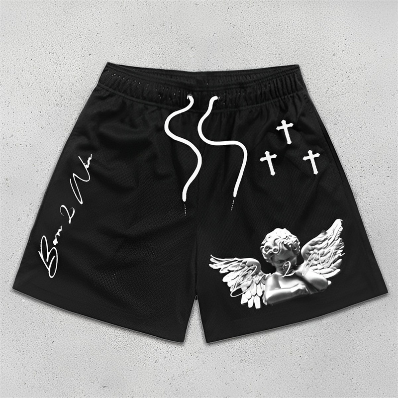 Heren Athletic Shorts Angel Cross Print 5 inch snel droge ademende shorts met zakken gym workouttraining Running Activewear