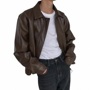 Hommes Automne Et Hiver Rétro En Cuir Casual Lâche Courte Veste En Cuir Hommes Beau Et Élégant Veste Britannique Tops U5Ju #