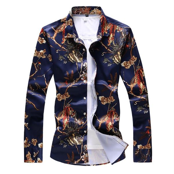 Camisa de manga larga con estampado de otoño para hombre, camisa hawaiana azul marino con flores a la moda juvenil, flor de satén Oversize339v