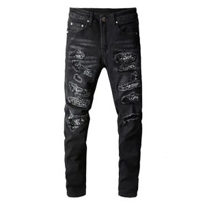 Bandanna Paisley Patchwork imprimé jeans streetwear streetwear pantalon de crayon en jean noir mince pantalon déchiré 240514