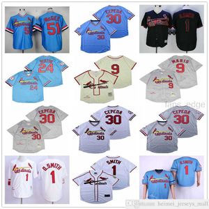 Maillots de baseball pour hommes 1 Ozzie Smith 51 Willie McGee 30 Orlando Cepeda 24 Whitey Herzog maris Chemises cousues Maillots de baseball de haute qualité