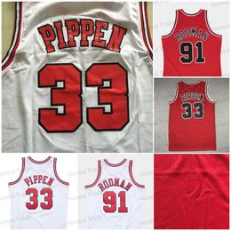 Heren Basketbal Throwback Jersey 91 Dennis Rodman Borduurwerk Gestikt Scottie Pippen Jerseys Wit Rood Mesh