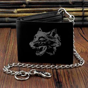 Mens Bi-Fold Portemonnee Wolf Design Lederen Black Biker Long Chain