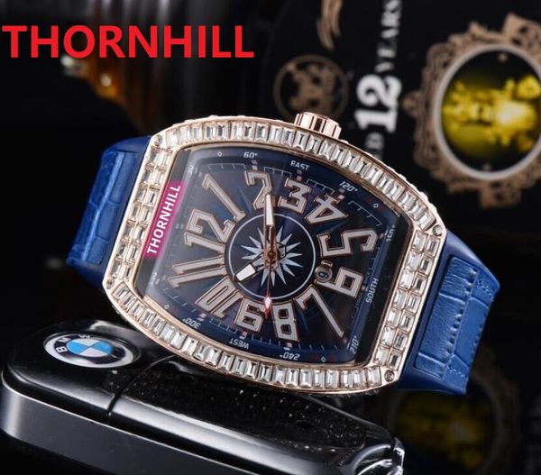 Mens Big Diamonds Ring Watch 43mm Quartz Mouvement Homme Horloge Montre Rouge Noir Bleu En Cuir Véritable affichage de la date étanche montre-bracelet en gros