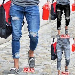 Mens Biker Fashion Jeans Slim gescheurde denim pancil broek mannen streetwear verontruste broek jeans mannelijke lange broek zwart grijs blauw Jean2849