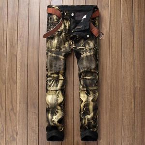 Hommes Biker Jean Pantalon Hi-Street Slim Fit Peint Denim Joggers Mâle Droit Plissé Moto Jeans Pants2278