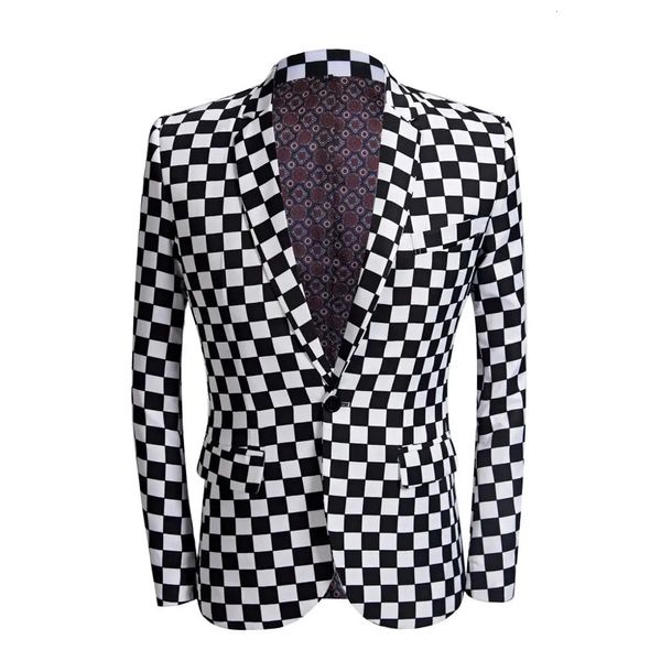 Hommes noir et blanc à carreaux imprimé Costume hommes Slim Fit Costume ensemble Blazers chanteur Costume Mariage décontracté soirée Bar manteau 240309