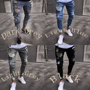 Mens Black, Blue Skinny Jeans RIP Slim Fit Stretch Denim Distress Frayed Biker Scrated Hollow Out lange jeans x0621