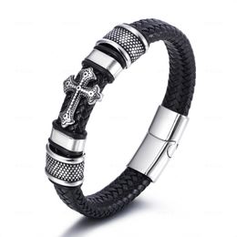 Brazalete de cuero trenzado negro para hombre Pulsera Cadena Cruz de acero inoxidable Multi-hebra Enlace de oración clásico Pulsera Joyería punky Cierre magnético