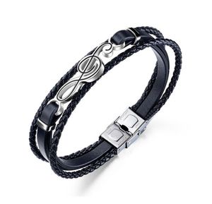 Heren Zwart Charm Leather Blaceled armbanden Clasp Fashion Music Note Design Hip Hop Sieraden Punk Men Handgemaakte armband voor Gift3536309