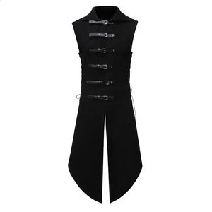 Hommes noir gothique Steampunk velours gilet médiéval victorien double boutonnage hommes costume gilets queue manteau scène Cosplay bal Costume 240202