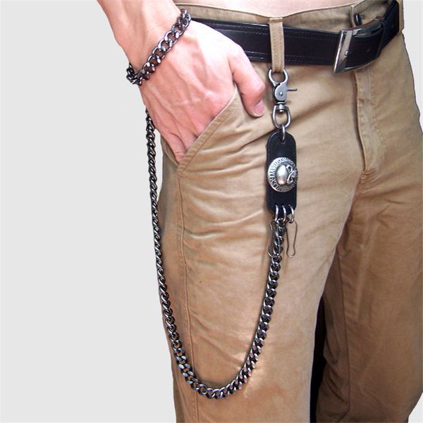 Mens Black Gun Extra Long Wallet Chains Metal grueso Cuban Curb Links KeyChain Black Leather Skull Jeans Chunky Biker Chain -70cm