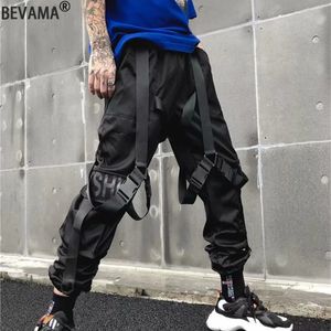 Hommes noir Hip Hop Streetwear rubans lettre impression pantalon salopette fonctionnelle lâche droite Cargo solide pantalon décontracté 240305