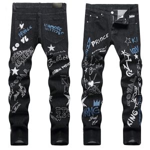 Mens zwarte jeans denim lange broek skinny fit slanke mannen stretch Biker Jean ontwerper patchwork broek alle patroon borduurwerk maat 29-38