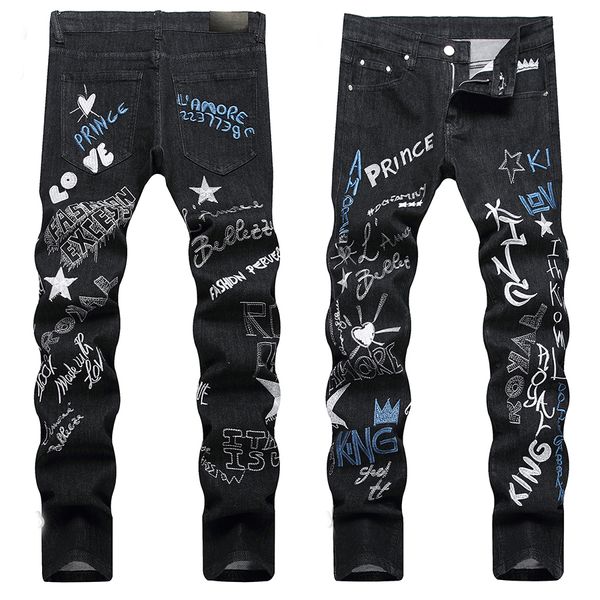 Jeans noirs pour hommes Pantalons longs en denim Coupe skinny Slim Stretch Biker Jean Designer Pantalon patchwork Tous les motifs de broderie taille 29-38
