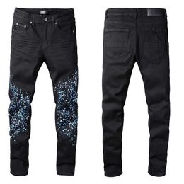 Jeans noirs pour hommes avec peinture bleue Denim Skinny Slim Biker Moto Hip Hop jambe droite Spray sur Vintage détresse Stretch pour les gars homme Rip Fits