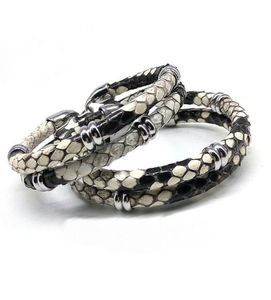 Bracelets en cuir de peau de Python noir pour hommes, véritable cuir de peau de Python avec boucle en acier, Bracelet avec perles, 2029484