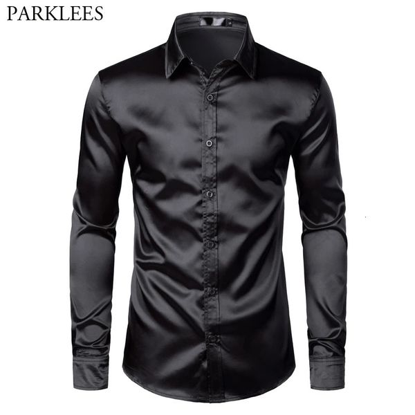 Hommes noir Satin luxe robe chemises soie lisse hommes smoking Chemise Slim Fit fête de mariage bal décontracté Chemise Homme 240315