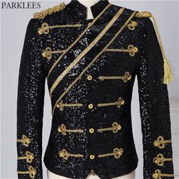 Heren zwart pailletten steampunk blazer jas opstaande kraag kwast ontwerp blazers mannen nachtclub feest prom rock en roll kostuums 3XL 220801