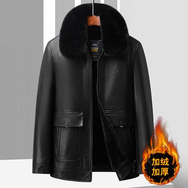 Manteau chaud noir en cuir pour hommes, veste de moto, col en fourrure, doublure polaire épaisse, en Faux cuir, hauts d'extérieur, grande taille marron