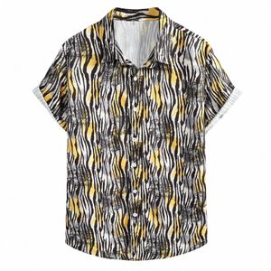 Heren Zwart Geel Gestreept Hawaiiaans Shirt Korte Mouw Butt Down Zomer Tropisch Strand Dr Shirts Mannen Party Vacati Kleding y049 #