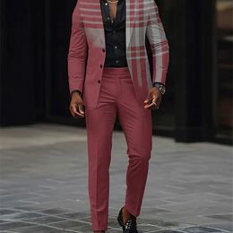 Blazer pour hommes Set Fashion Colorblock Plaid Coll Collier bouton Pantalon Blazer 2pcs Set Male Business Casual Prom Suit 240429