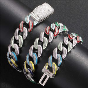 Chaînes Bling pour hommes largeur 15mm 18-24 pouces couleurs or argent Bling CZ coloré Miami chaîne cubaine collier bracelet bijoux de mode joli cadeau pour hommes femmes