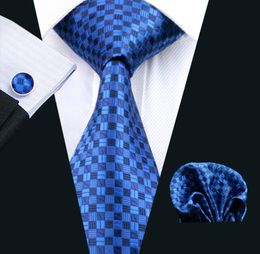 Ensemble de boutons de manchette en soie à carreaux bleus pour hommes, ensemble de cravates tissées en Jacquard pour hommes, travail d'affaires, réunion formelle, loisirs N05611483253