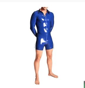 Mens bleu pvc faux cuir Catsuit Costumes Mode Manches Longues Body Justaucorps Fétiche Combinaisons avant 3-way zipper to Ass