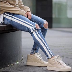 Hommes bleu déchiré trous jean côté rayé maigre droit mince élastique Denim coupe jean mâle mode pantalons longs Jeans274M