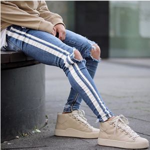 Heren blauw gescheurde gaten zijkant gestreepte mager recht slank elastisch denim fit herenmode lange broek jeans