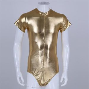 Combinaison de corps pour hommes une pièce Wetlook brillant métallique coupe haute manches courtes justaucorps à glissière pour hommes fête discothèque242i