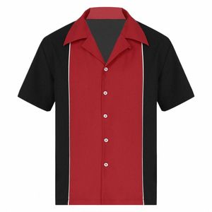 Hommes Bowling Chemises Rétro Manches Courtes Butt Down Casual 50s Tee Color Block Rayé Col Cranté Chemise Z4Cg #