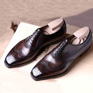 Zapatos Brogue marrones para hombre, transpirables, cabeza cuadrada, oficina de negocios, zapatos de vestir calados con cordones para hombres con envío gratis