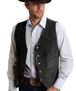 Heren Brown Suede Leather Gentleman Business Waistcoat Pak Vint Vintage Western Cowboy Regelmatig slanke Fit Wedding Bruidegom Vest 240516