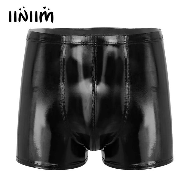 Boxer en cuir verni avec poche bombée pour homme, short, Look mouillé, ceinture élastique, pantalon court, Clubwear, tenue de fête Rave, 240326