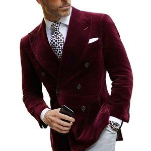 Blazer de terciopelo con doble botonadura de color borgoña para hombre, chaqueta elegante, abrigo para fumar, traje de llegada 2021, Blazers para hombre