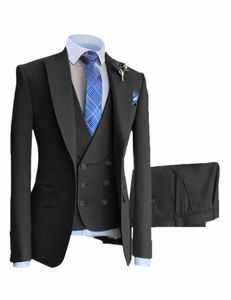 Costume d'affaires pour hommes, costume à double boutonnage à revers plat, adapté à la fête de mariage, blazer + gilet + pantalon G9VQ #