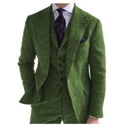 Mens Business 3 Pieces Suits Green Wool Retro Classic Herringbone Patroon Bruidegom Tweed Tuxedos voor Wedding (Blazer + Pants + Vest) 201106