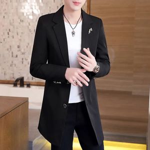 Business Mens Casual Fashion Urban Korean Trend Slim Couleur solide Small Suit Jacket Blazers Blazers Long Robe Coat 240420